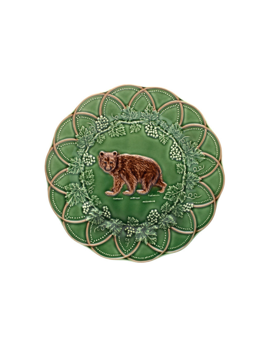 Assiette ours de Bordallo Pinheiro, en faience verte et marron