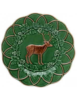 Assiette cerf en faience verte et marron Bordfallo Pinheiro