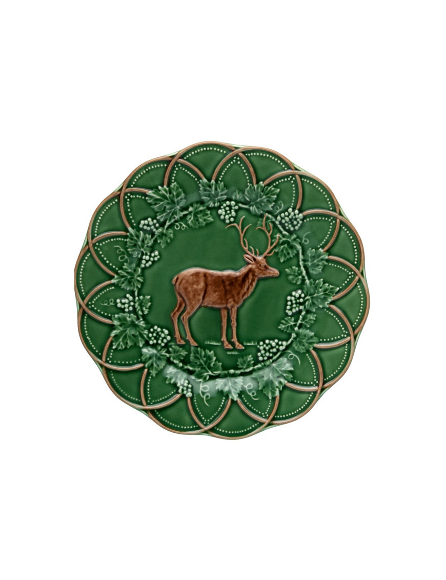 Assiette cerf en faience verte et marron Bordfallo Pinheiro