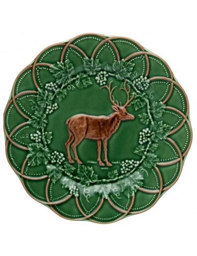 Assiette cerf en faience verte et marron Bordfallo Pinheiro