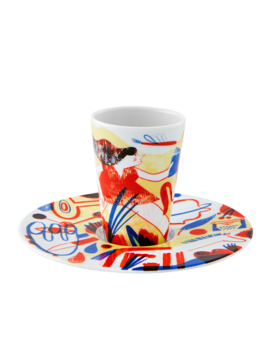 Tasse et soucoupe avec des motifs rouge, bleu et jaune