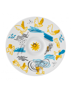 soucoupe pleine de dessins jaune, bleu, noir