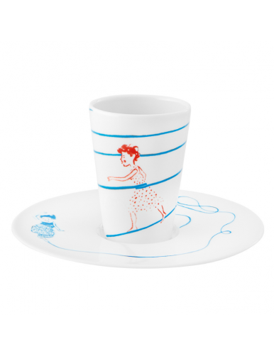 Tasse et soucoupe avec dessin d'un personnage rouge et fils bleu