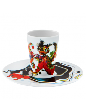 tasse et soucoupe avec petits dessins abstrait rouge et vert