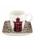 Tasse de la collection Alma do Porto de Vista Alegre avec un monument rouge dessus et une soucoupe au motif azulejos