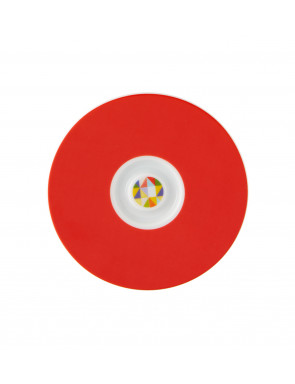 Soucoupe rouge avec au milieu des motifs colorés
