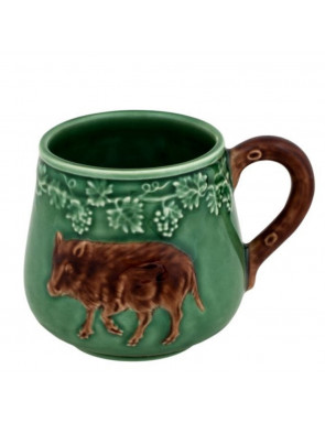 Mug sanglier marron et verte avec un petit sanglier en relief