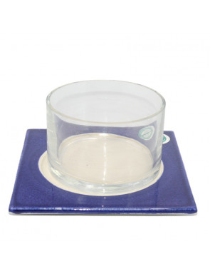 bol en verre et plat en céramique bleu