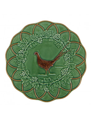 Assiette Faisan de Bordallon Pinheiro en faience verte et marron