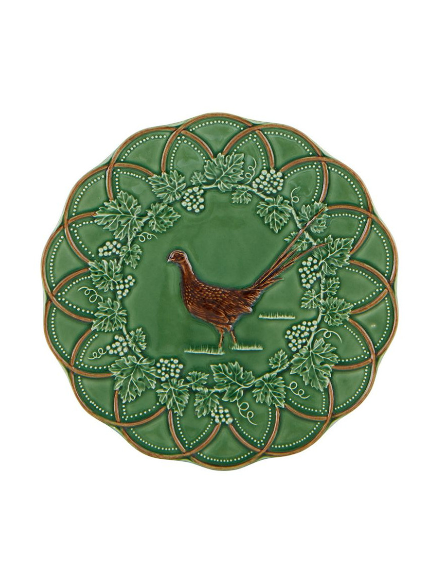 Assiette Faisan de Bordallon Pinheiro en faience verte et marron