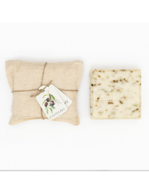 Savon à l'olive, huile d'olive et feuille d'olivier avec une pochette en lin ficelé
