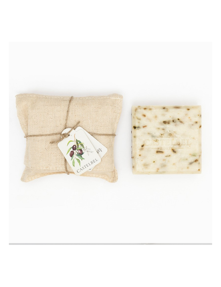 Savon à l'olive, huile d'olive et feuille d'olivier avec une pochette en lin ficelé