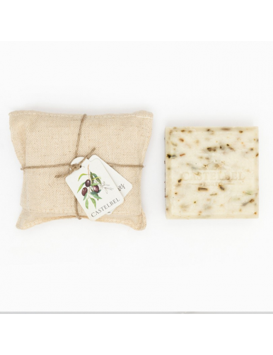 Savon à l'olive, huile d'olive et feuille d'olivier avec une pochette en lin ficelé