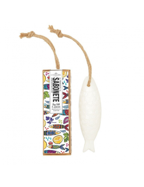 Savon sardine au sel marin et citron  avec une code pour l'accrocher et sa boîte