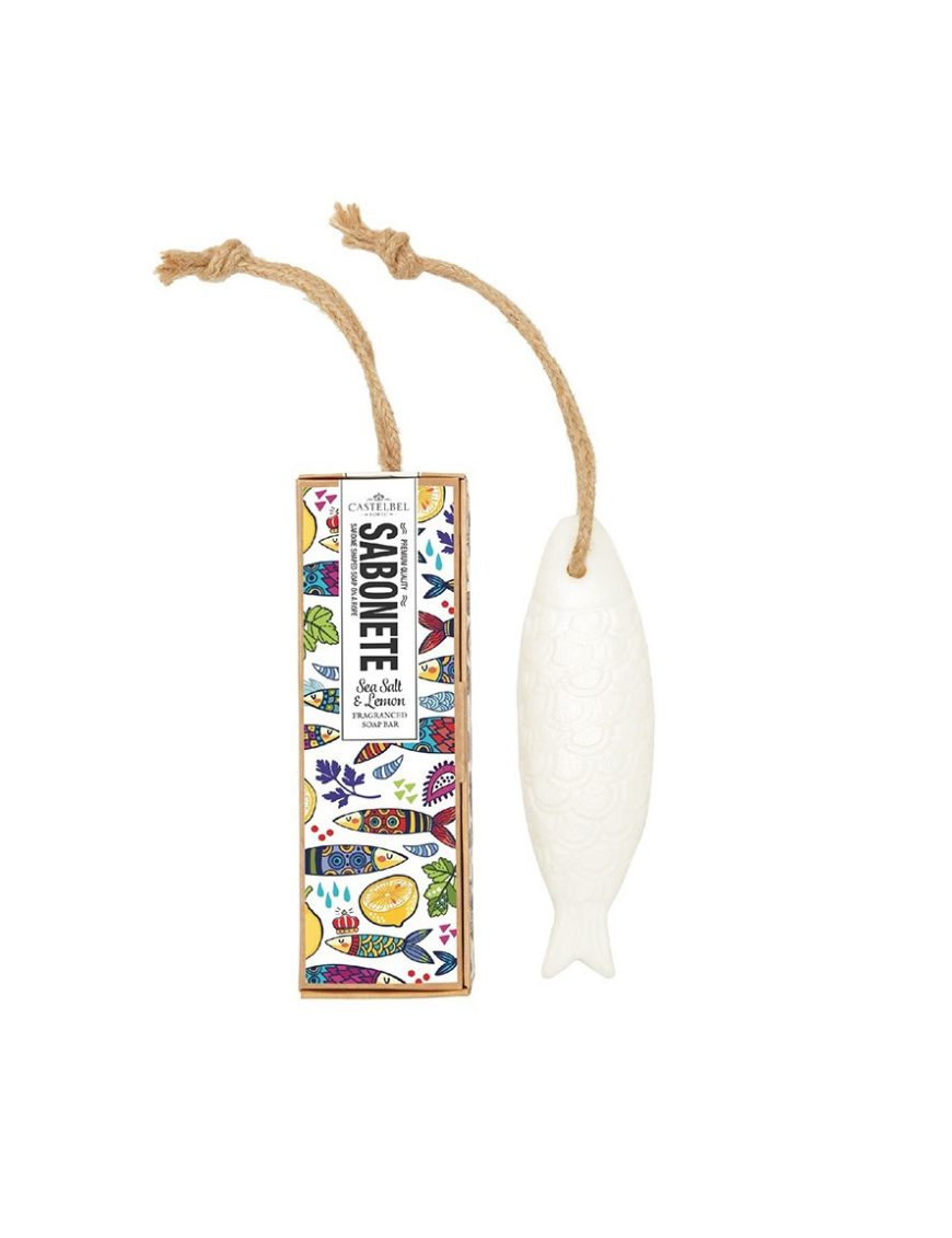 Savon sardine au sel marin et citron avec une code pour l'accrocher et sa boîte