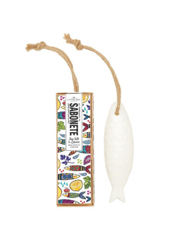 Savon sardine au sel marin et citron  avec une code pour l'accrocher et sa boîte
