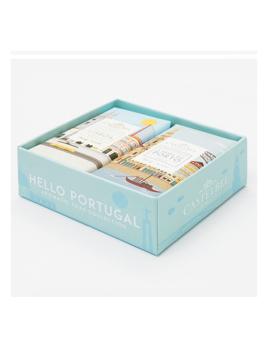 Set de 2 savons ( Lisbonne et Porto) au basilic et à la camélia. Chacun à un emballage aux couleurs de sa région