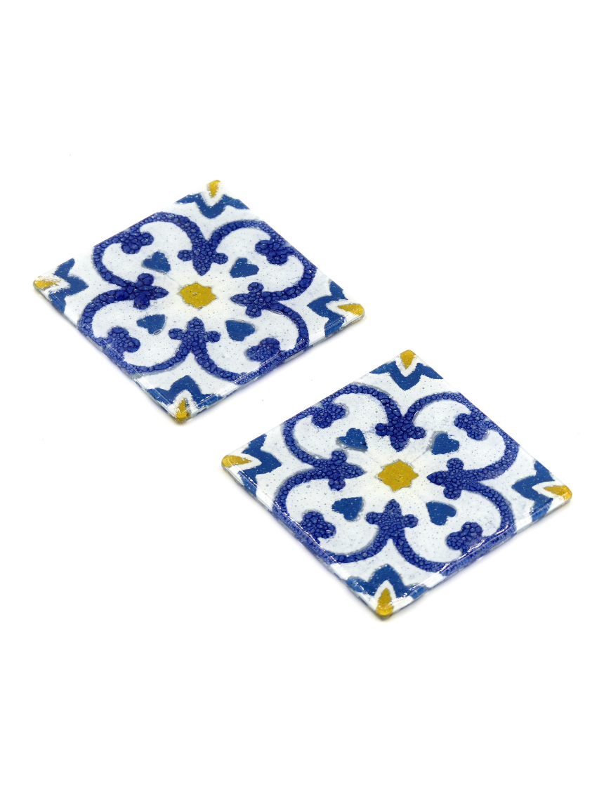 Lot de 2 dessous de table azulejos en vitrofusion, bleu et jaune