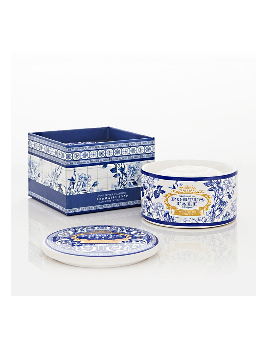 Savon bleu and gold de la collection Portus Cale de Castel bel au jasmin et poivre rouge dans boite de bijoux